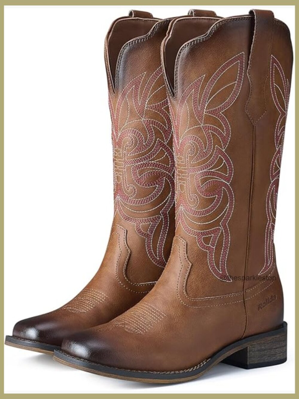 Square Toe Mid Calf Cowgirl Boots with Chunky Heel Pull-On
